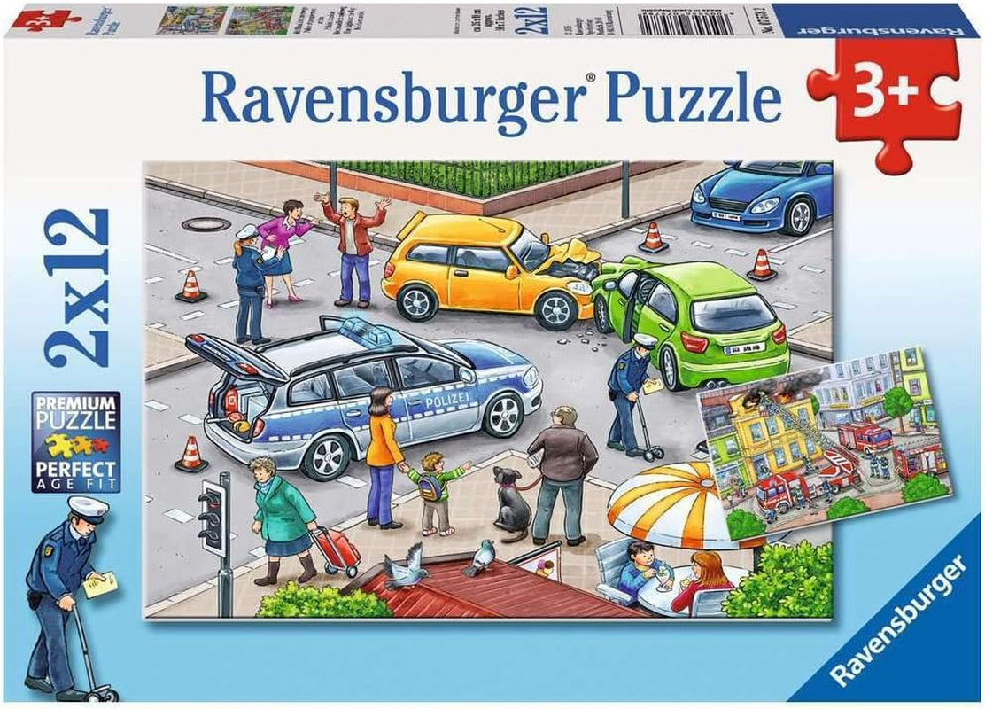 Ravensburger Puzzle dla dzieci - 07574 Policja i straż pożarna - Puzzle dla dzieci od 3 lat, zawierające 2X12 elementów Puzzle Naty Shop niebiesko-białe