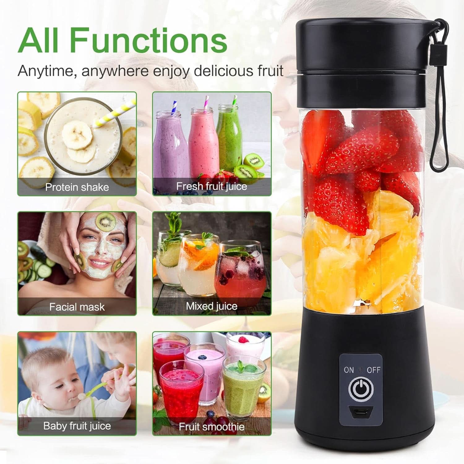 Mikser Smoothie Maker Tragbarer Entsafter: 380Ml Standmixer Persönlicher Shaker Proteinshake Mit 6 Edelstahlmesser Tragbar-Bpa-Freie Mit Usb-Mixbecher Für Shakes,Saftoutdoor,Schwarz Bucatarie Naty Shop