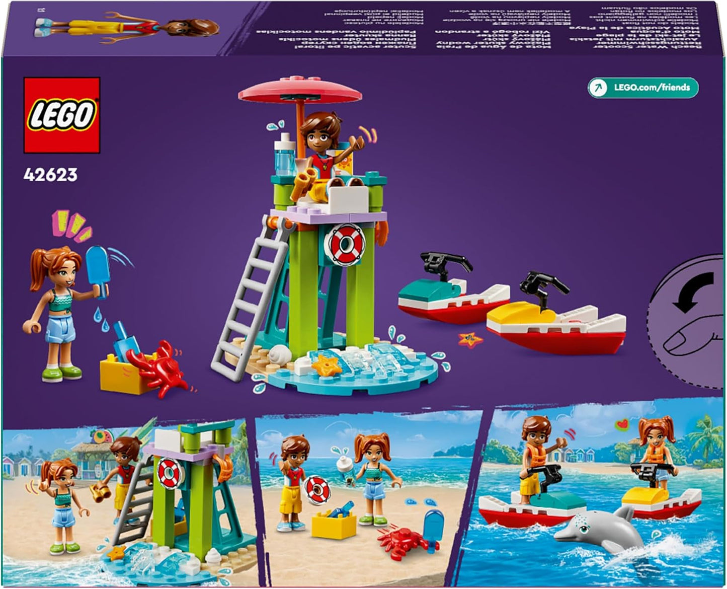 Wieża obserwacyjna ratownika LEGO Friends z nartami wodnymi, zabawka dla dzieci, pomysł na prezent dla dziewcząt i chłopców od 5 lat z 2 figurkami i delfinem, zabawka na skuterze wodnym 42623 Zestawy do budowania Besuche den LEGO-Store