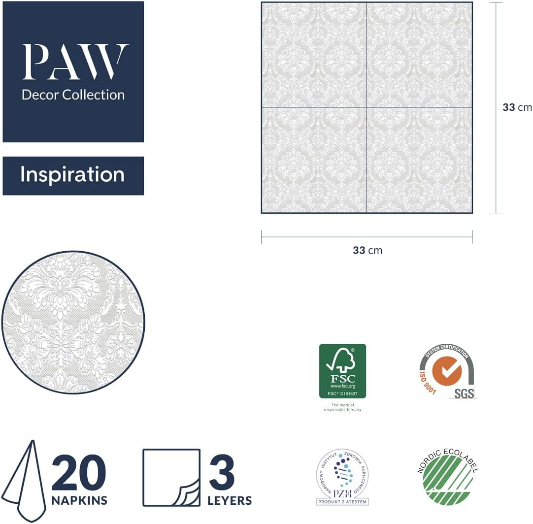 PAW - Serwetki 3-warstwowe (33 x 33 cm) I 20 sztuk I Idealne na Urodziny, Przyjęcia, Wesela, Komunie i Święta I Kolorowe Serwetki Papierowe - Specjalne Okazje, Ozdoby I Inspiracja Klasyczna (Złota)