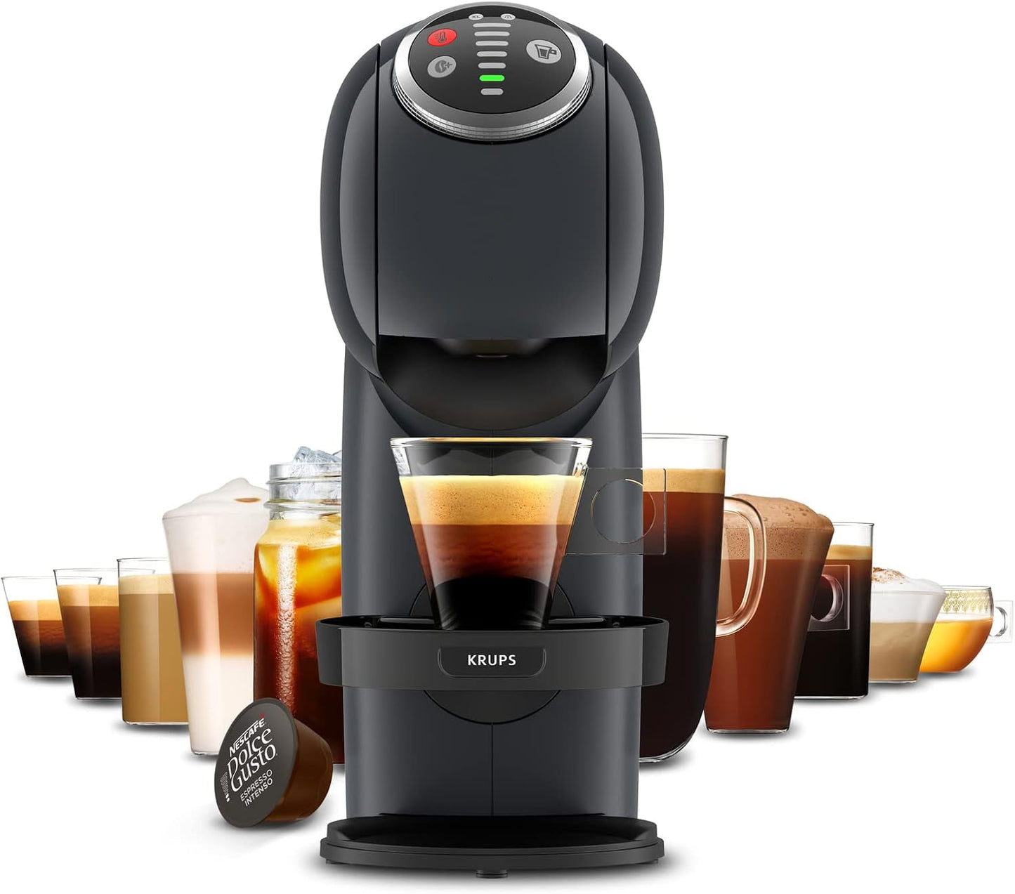 NESCAFÉ Dolce Gusto Genio S Plus firmy Krups, kompaktowy ekspres do kawy na kapsułki, pojemność 0,8 litra, 1500 W, automatyczne ostrzeganie o odkamienianiu, gwiezdna szarość, KP340B