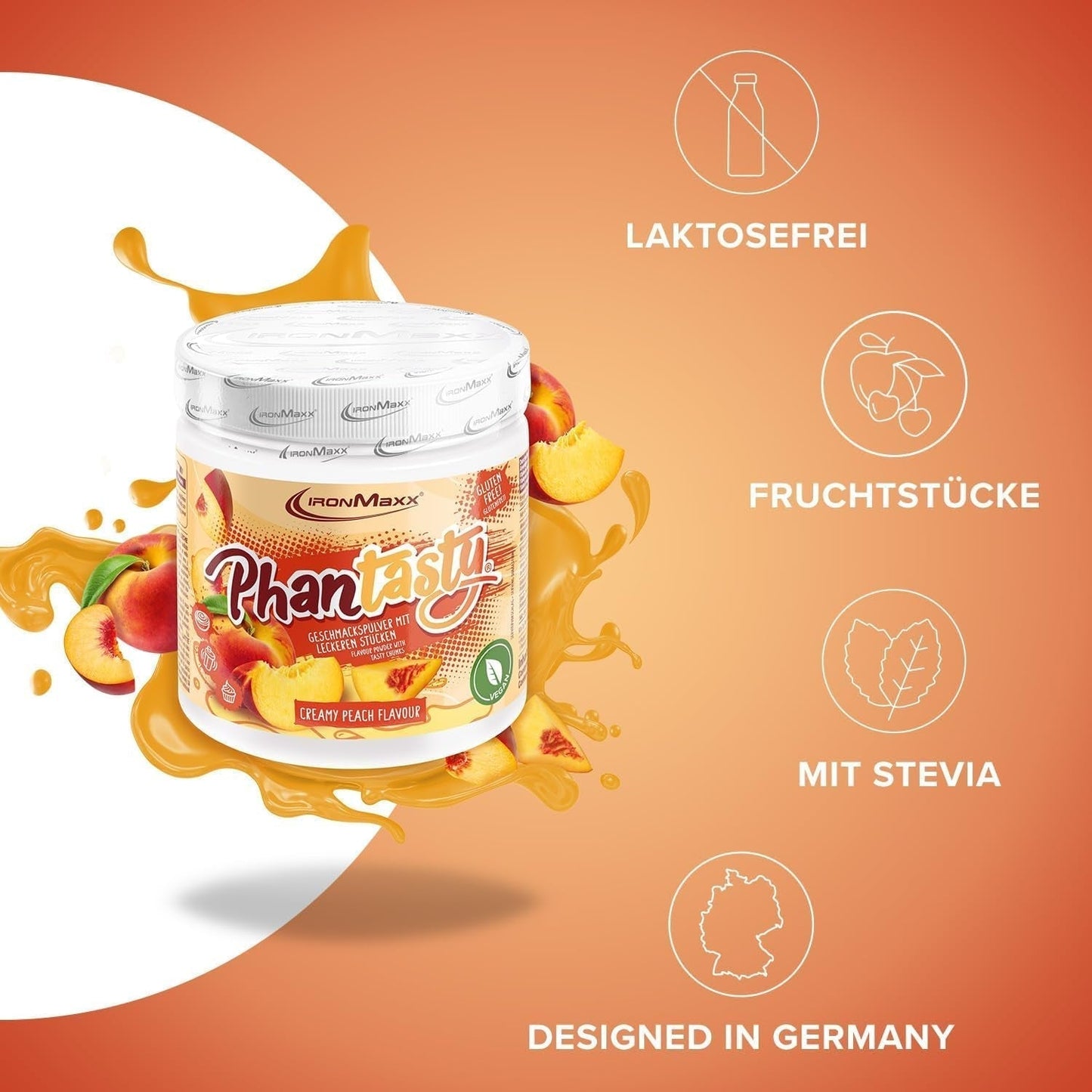 Ironmaxx Phantasty - Kremowa Brzoskwinia Dawka 250G | Wegańskie Geschmackspulver Mit Echten Frucht- Oder Nussstückchen | Perfekter Zuckerersatz Słodziki Naty Shop