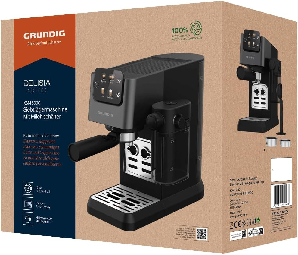 Ekspres do kawy z kolbą GRUNDIG KSM 5330 ze zintegrowanym pojemnikiem na mleko, moc 1628 W, ciśnienie pompy 15 bar, podwójna dysza, kolorowy wyświetlacz dotykowy, BrewSense, CreamyPro, Ciemna stal nierdzewna/Czarny