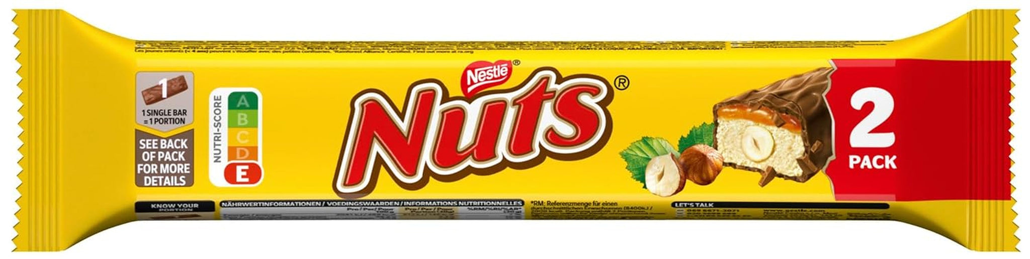 NESTLÉ Chocolate Bars 2 Pack, klasyczne batoniki z całymi orzechami laskowymi i karmelem w mlecznej czekoladzie, opakowanie 24 szt. (24 x 2 x 30 g)