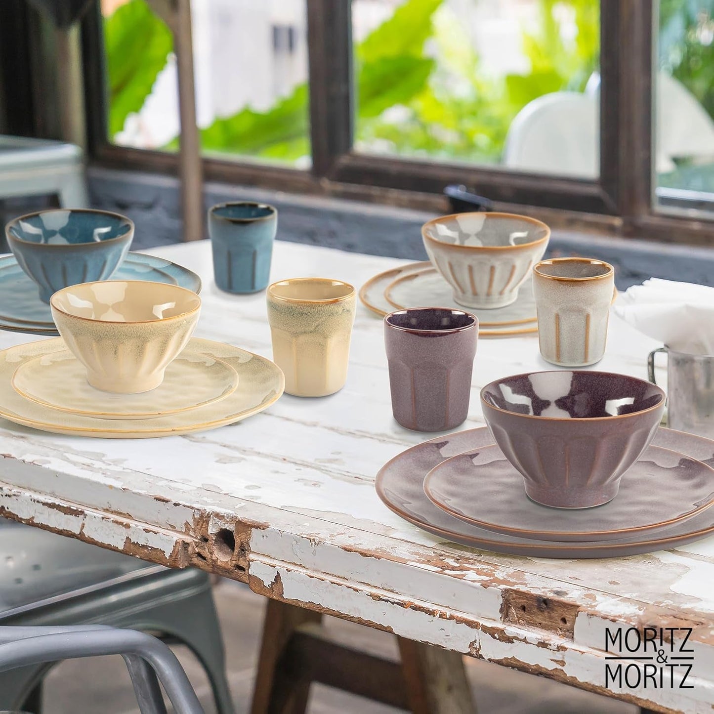 Moritz & Moritz COPA 16-tlg Geschirrset 4 Personen - Elegantes Teller Set aus hohrstandigem Steinzeug - Geschirr Set 4 Personen aus je 4x Obiadowy, Deserteller, Müslischale i Kaffeebecher