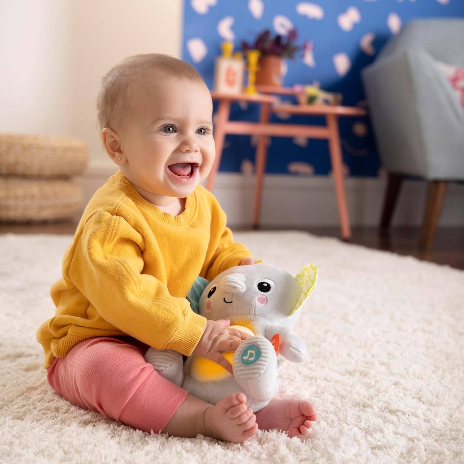Bright Starts, słoniątko do przytulania ze światełkami, piosenkami, różnymi teksturami i nie tylko, wielokolorowe zabawki Bebe Naty Shop