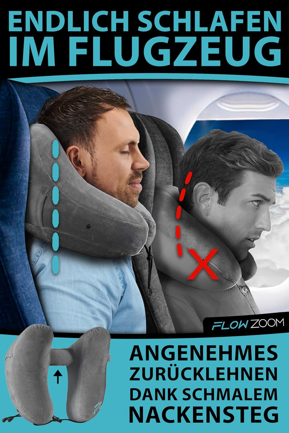 FLOWZOOM AIR Dmuchana poduszka pod kark z kapturem - Samolotowa poduszka pod kark - Poduszka podróżna - Szybko nadmuchiwana podróżna poduszka pod kark - Poduszka samolotowa - Poduszka podróżna - Poduszka pod szyję dla dorosłych (szara) Poduszki ortopedyczne na szyję Naty Shop