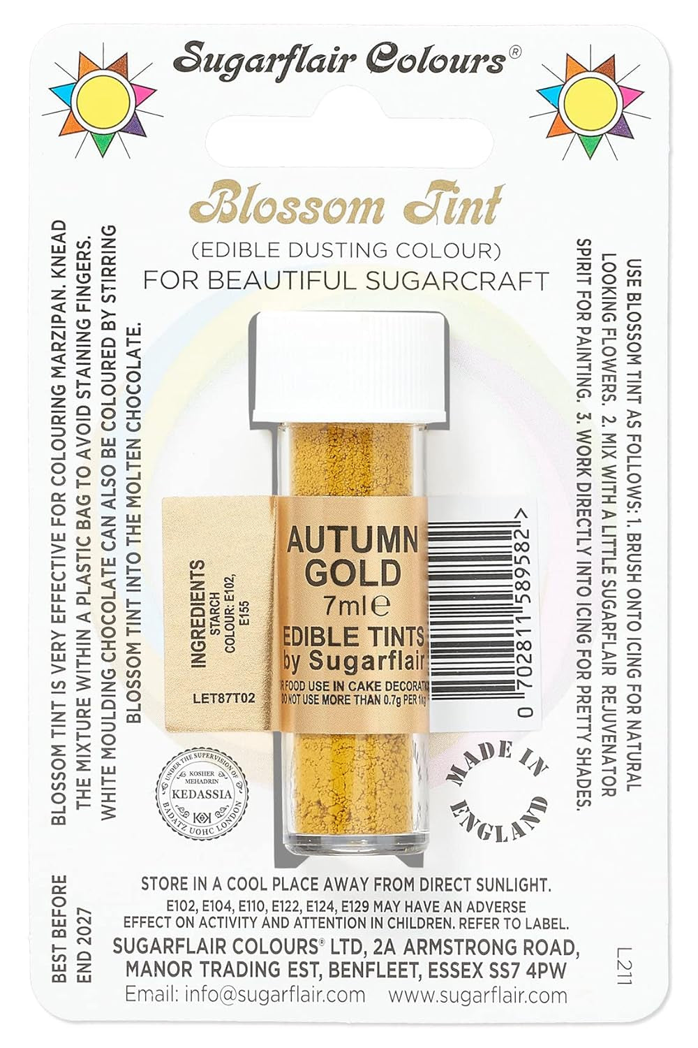 Sugarflair Blossom Tint Dust Barwnik spożywczy w proszku Złoto jesieni - Barwnik spożywczy w proszku do dekoracji Kolorowa pasta cukrowa, kremówka, lukier, czekolada, krem ​​maślany, makaroniki - 7 ml