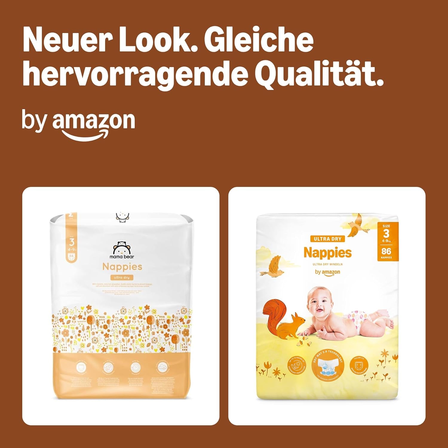 Pieluchy Amazon Ultra Dry, rozmiar 3 (4–9 kg) – pudełko miesięczne, białe, 172 sztuki (2 opakowania po 86) (dawniej Mama Bear, identyczny produkt)