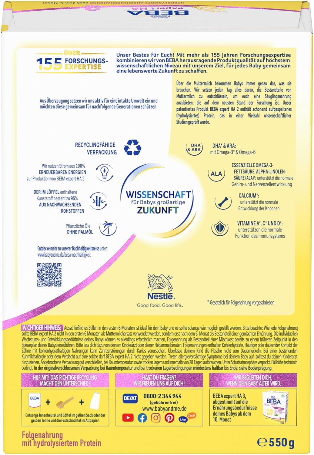 BEBA Expert HA 2 Mleko następne po 6 miesiącu, żywność dla dzieci z hydrolizatem białka, tylko laktoza, bez oleju palmowego, opakowanie 6 szt. (6 x 550 g) Naty Shop