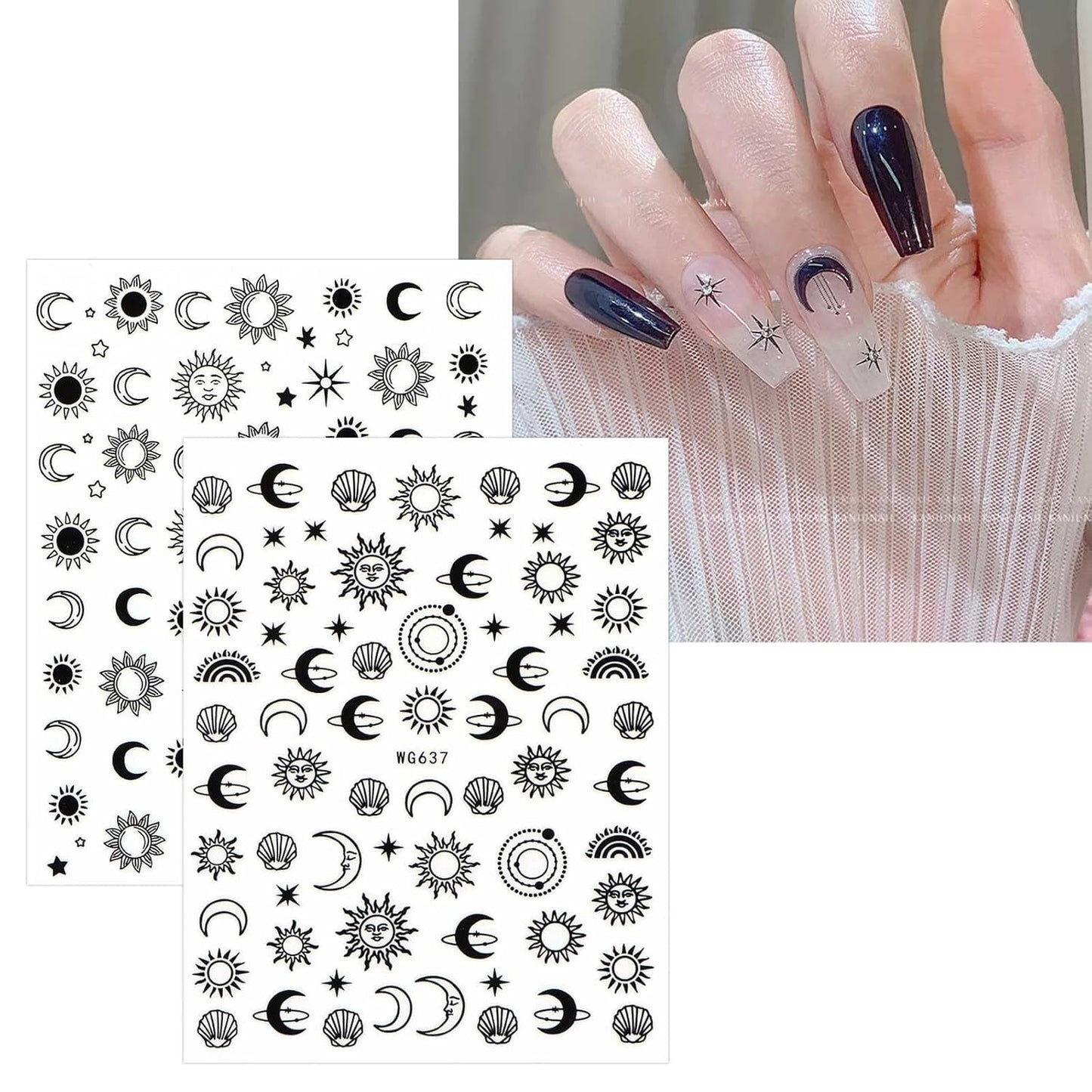 JMEOWIO Nagelsticker Mond Stern Sonne 10 Blatt Nail Art Naklejka Selbstklebend Nagelaufkleber Bunt Dekoration Nageldesign Zubehör
