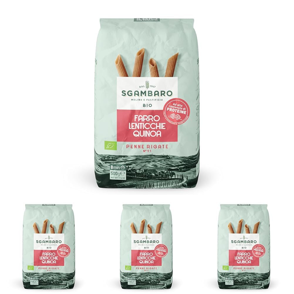 Organiczny makaron Penne Rigate N.91 - 500g z mąką orkiszową, mąką z soczewicy i mąką z komosy ryżowej - Bogaty w białko, źródło błonnika i białka