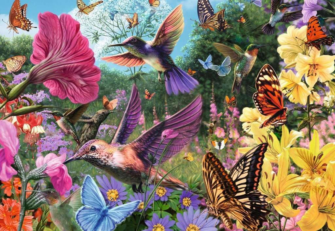 Ravensburger Puzzle 12001369 - Kolibry i motyle - 200 elementów puzzle dla osób starszych i seniorów z większymi elementami, uchwytem, dużym szablonem obrazu i podstawą puzzli Naty Shop