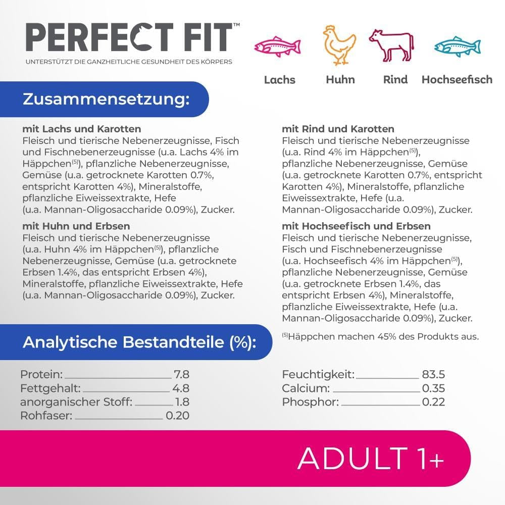 Perfect Fit Adult 1+ wybór mokrej karmy z łososiem, rybami głębinowymi, wołowiną i kurczakiem, 48 saszetek, 12x85g (4 sztuki w opakowaniu) - Mokra karma premium dla dorosłych kotów od 1 roku życia