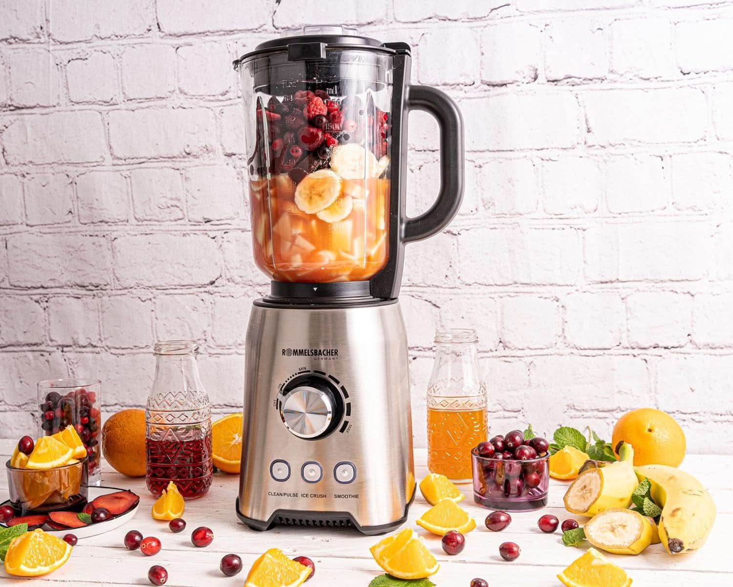 ROMMELSBACHER Mikser stojący MX 1250-22 000 U/Min, Stufenlose Drehzahlregulierung, Funktionsstasten (Smoothie, Clean/Pulse, kruszenie lodu), Glaskrug, Edelstahlgehäuse, Spezialmesser, 1200 Watt Kitchen Naty Shop