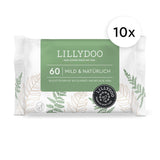 LILLYDOO Zielone chusteczki nawilżane, 600 szt. (10 x 60), odporne na rozdarcia chusteczki w 100% wolne od plastiku - bezzapachowe, delikatne i naturalne, delikatnie oczyszczają wrażliwą skórę, testowane dermatologicznie