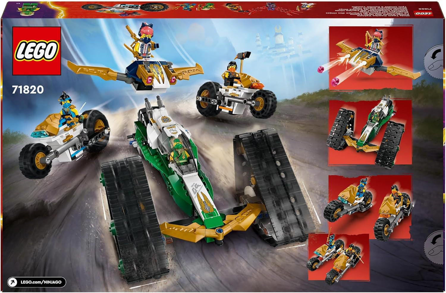 LEGO NINJAGO Ninja Team Combi Caterpillar Zestaw 4 w 1 z szybowcem, samochodem wyścigowym i 2 motocyklami oraz 6 minifigurkami Prezent dla chłopców i dziewcząt Zabawka Ninja 71820 Zestawy do budowania Besuche den LEGO-Store