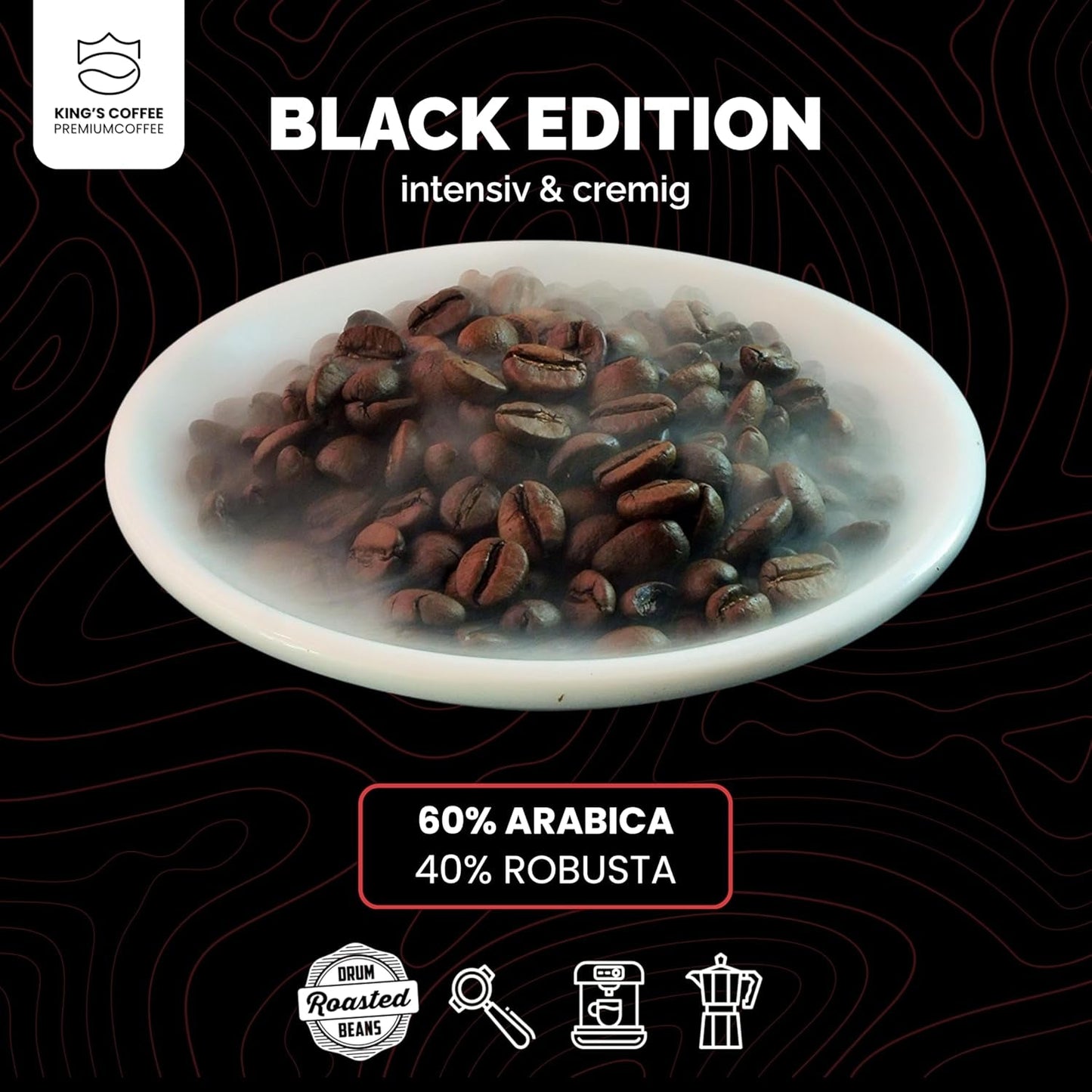 KING'S COFFEE - BLACK EDITION - 1 kg Intensywnie kremowa kawa ziarnista - Kawa o niskiej kwasowości - Kawa palona w małych partiach z Włoch - Mocna arabika w ziarnach espresso (mieszanka) do ekspresów w pełni automatycznych i z kolbą