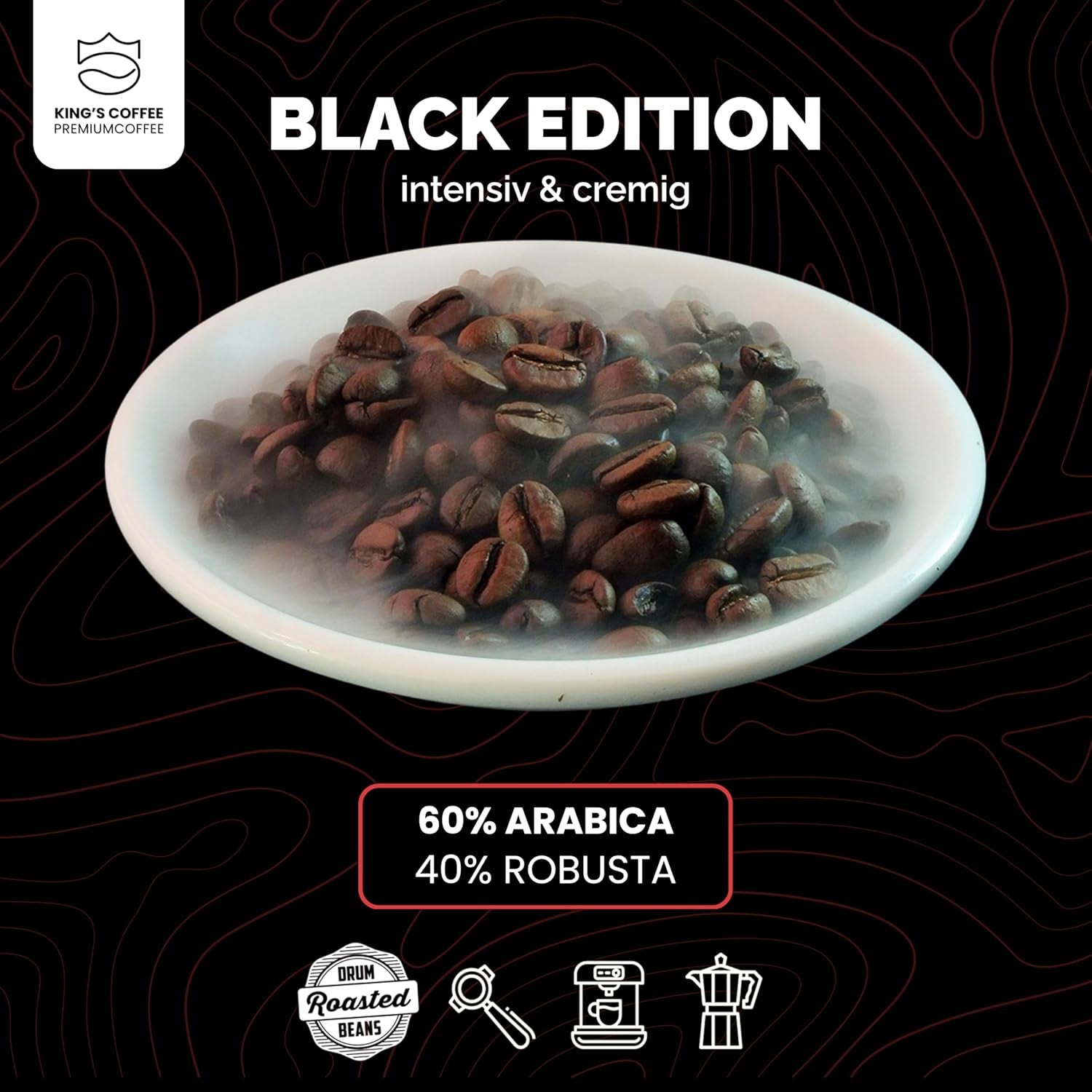 KING'S COFFEE - BLACK EDITION - 1 kg Intensywnie kremowa kawa ziarnista - Kawa o niskiej kwasowości - Kawa palona w małych partiach z Włoch - Mocna arabika w ziarnach espresso (mieszanka) do ekspresów w pełni automatycznych i z kolbą