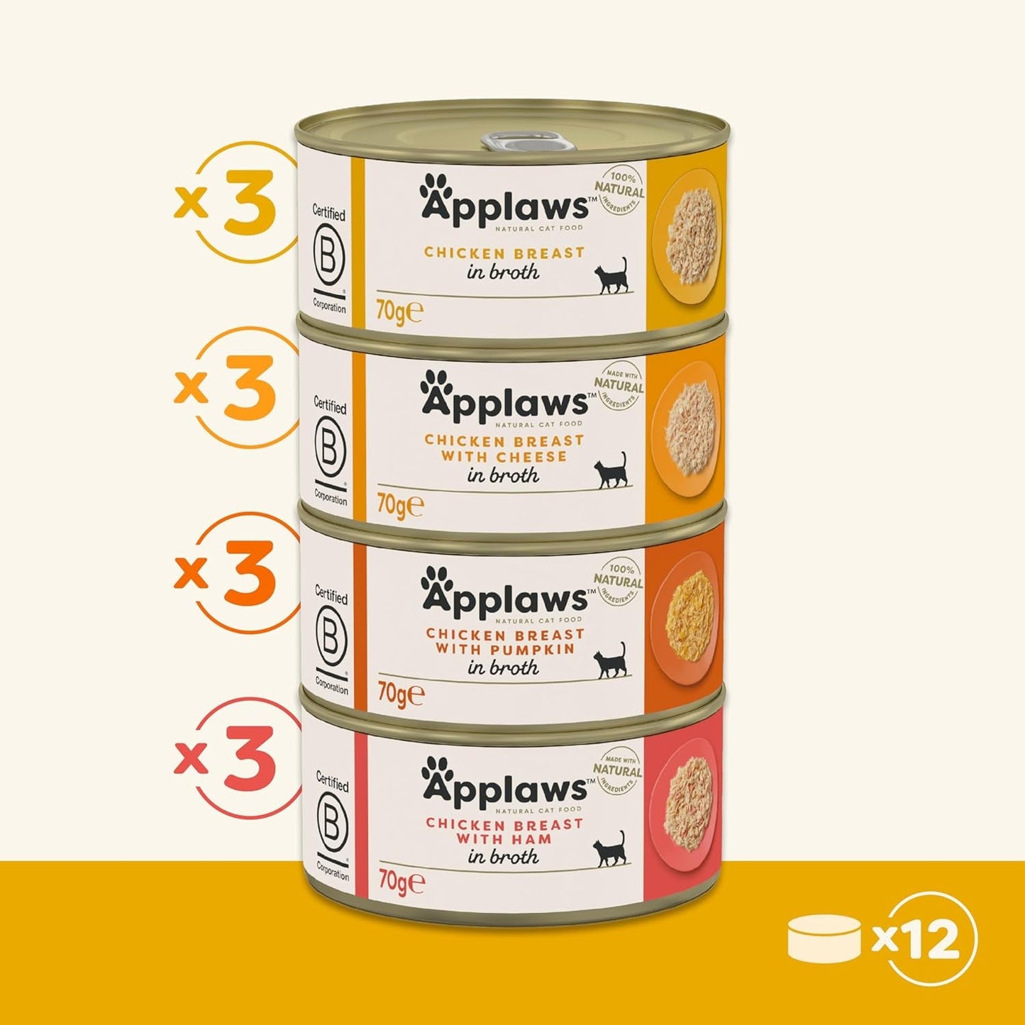 Applaws 100% naturalna mokra karma premium premium dla kotów, bulion z kurczaka dla dorosłych kotów – opakowanie 4 pudełka (12 x 70 g)