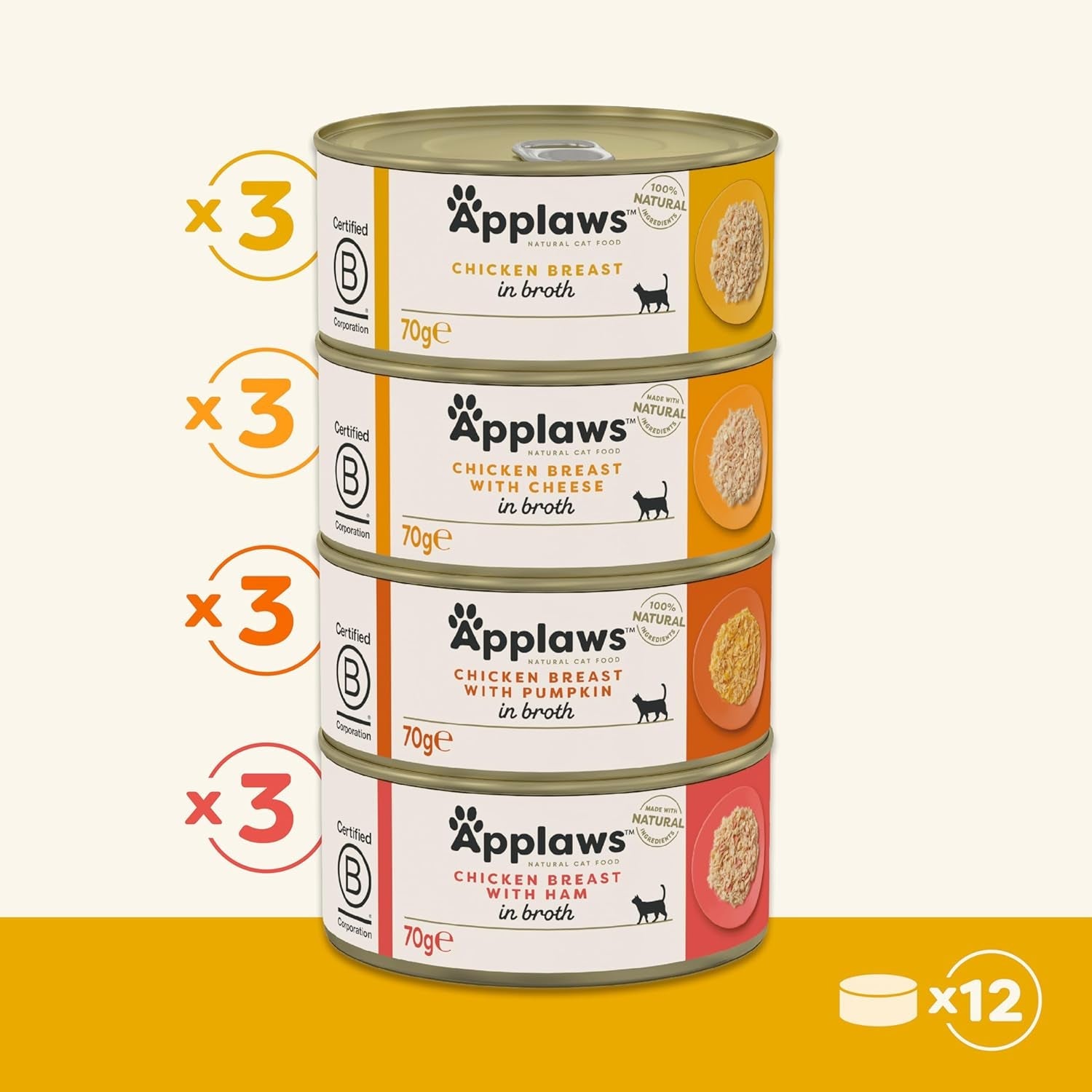 Applaws 100% naturalna mokra karma premium premium dla kotów, bulion z kurczaka dla dorosłych kotów – opakowanie 4 pudełka (12 x 70 g)
