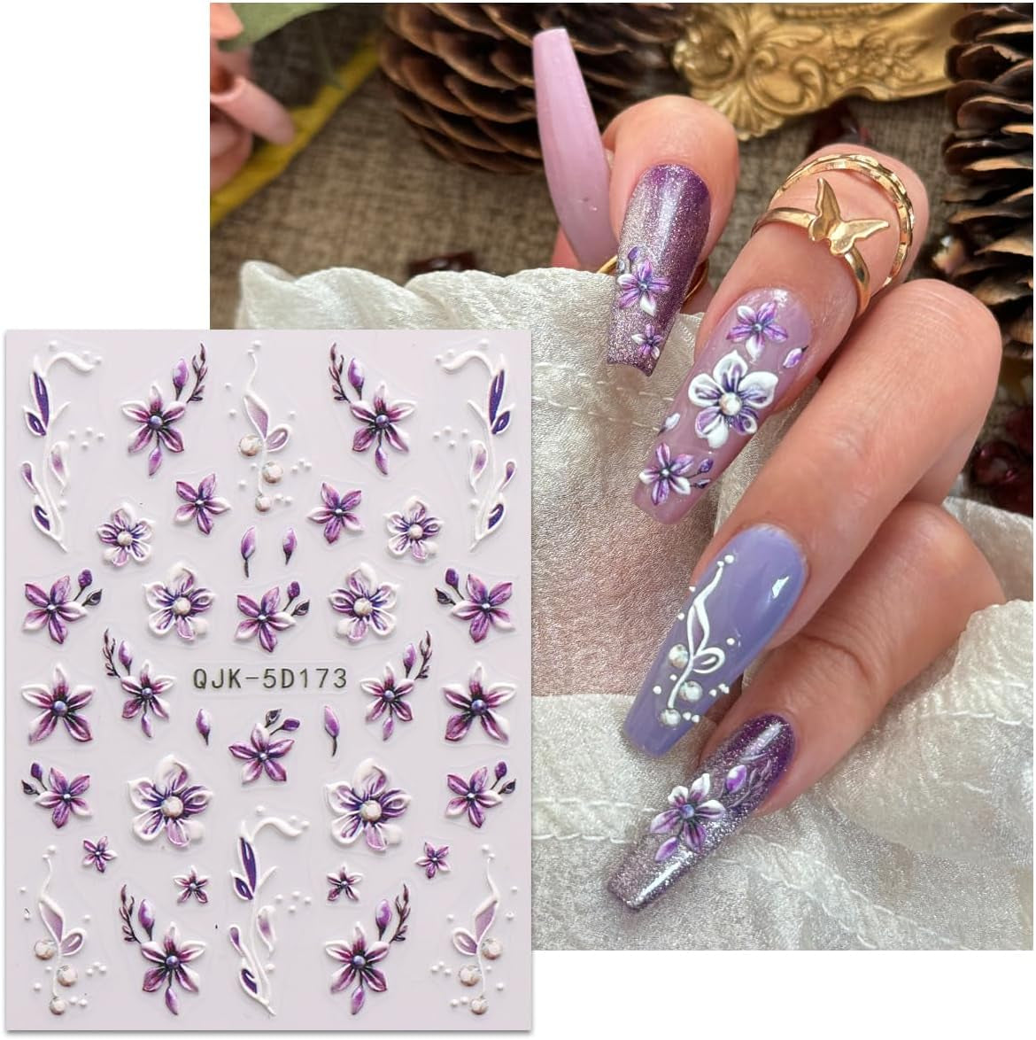 JMEOWIO 3D Nagelsticker Blumen Nail Art Naklejka Selbstklebend Nagelaufkleber 5D Stereoskopisch Frühling Sommer Dekoration Nageldesign Zubehör 4 Blatt