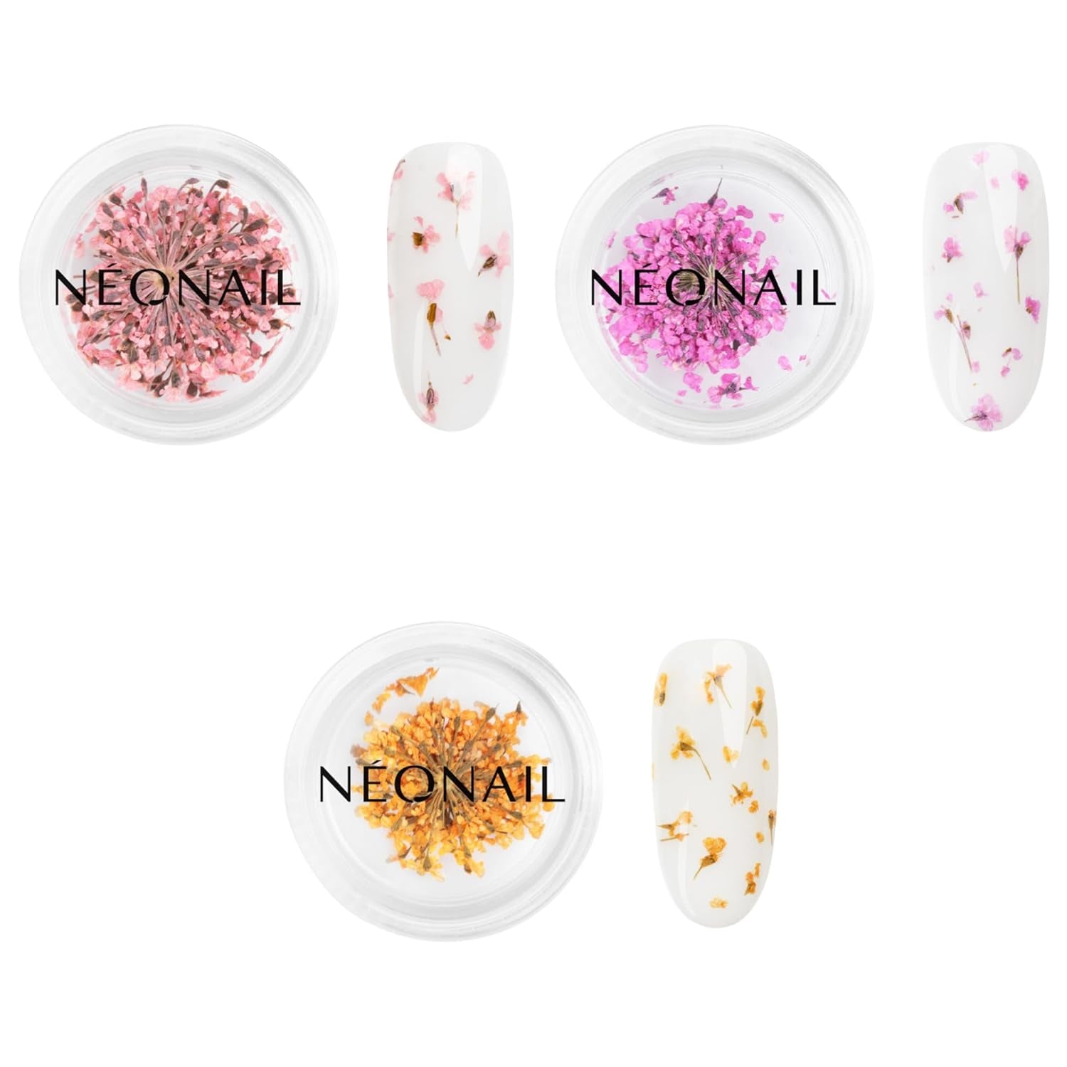 Zestaw kwiatów do zdobienia paznokci NÉONAIL - Trockenblumen - Getrocknete Blumen - Nageldesign Zubehör - Nageldekorationen - Getrocknete Blüten - Ozdoba do paznokci - Gelnägel Zubehör - 3 Farben - Rosa, Lila, Orange