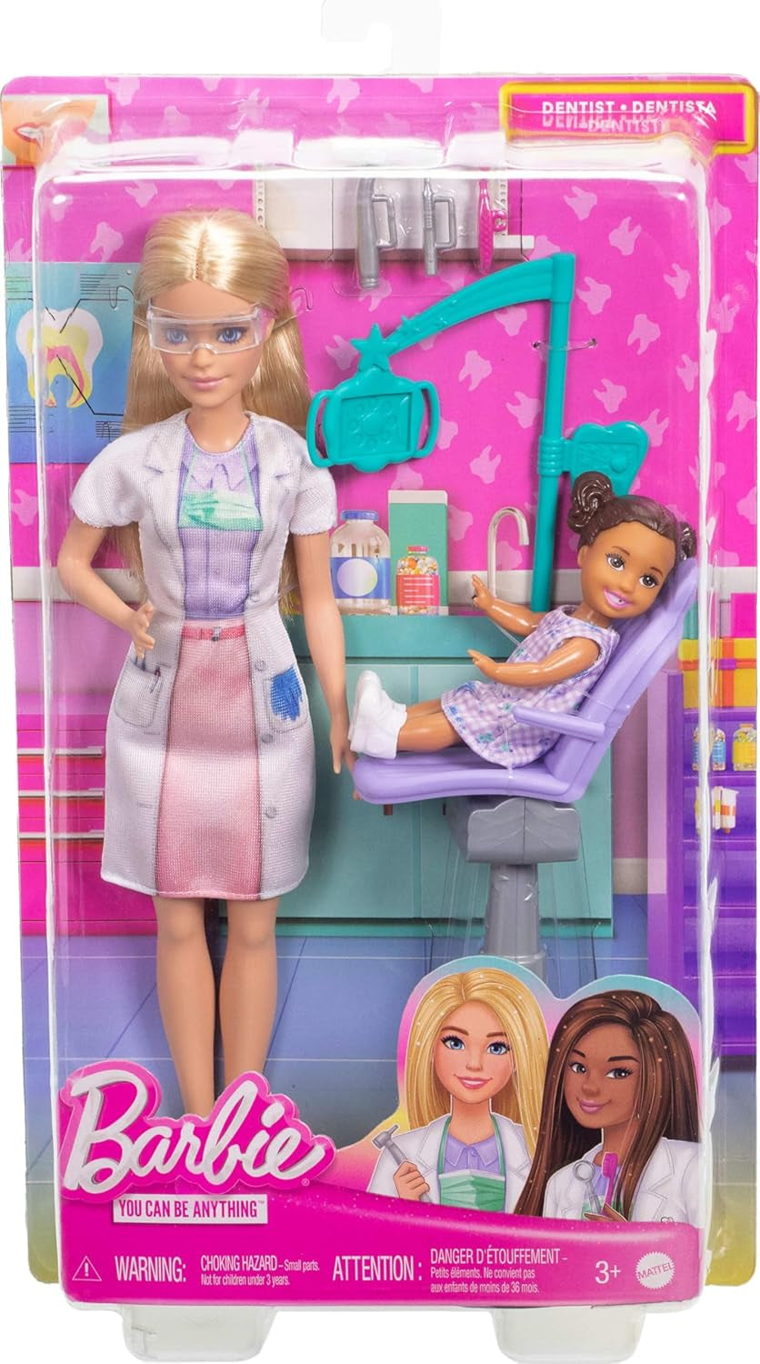 Lalka dentystka Barbie, modna lalka z blond włosami, niebieska sukienka i fartuch laboratoryjny, 1 lalka dziecięca, akcesoria egzaminacyjne i różne akcesoria, JCR74