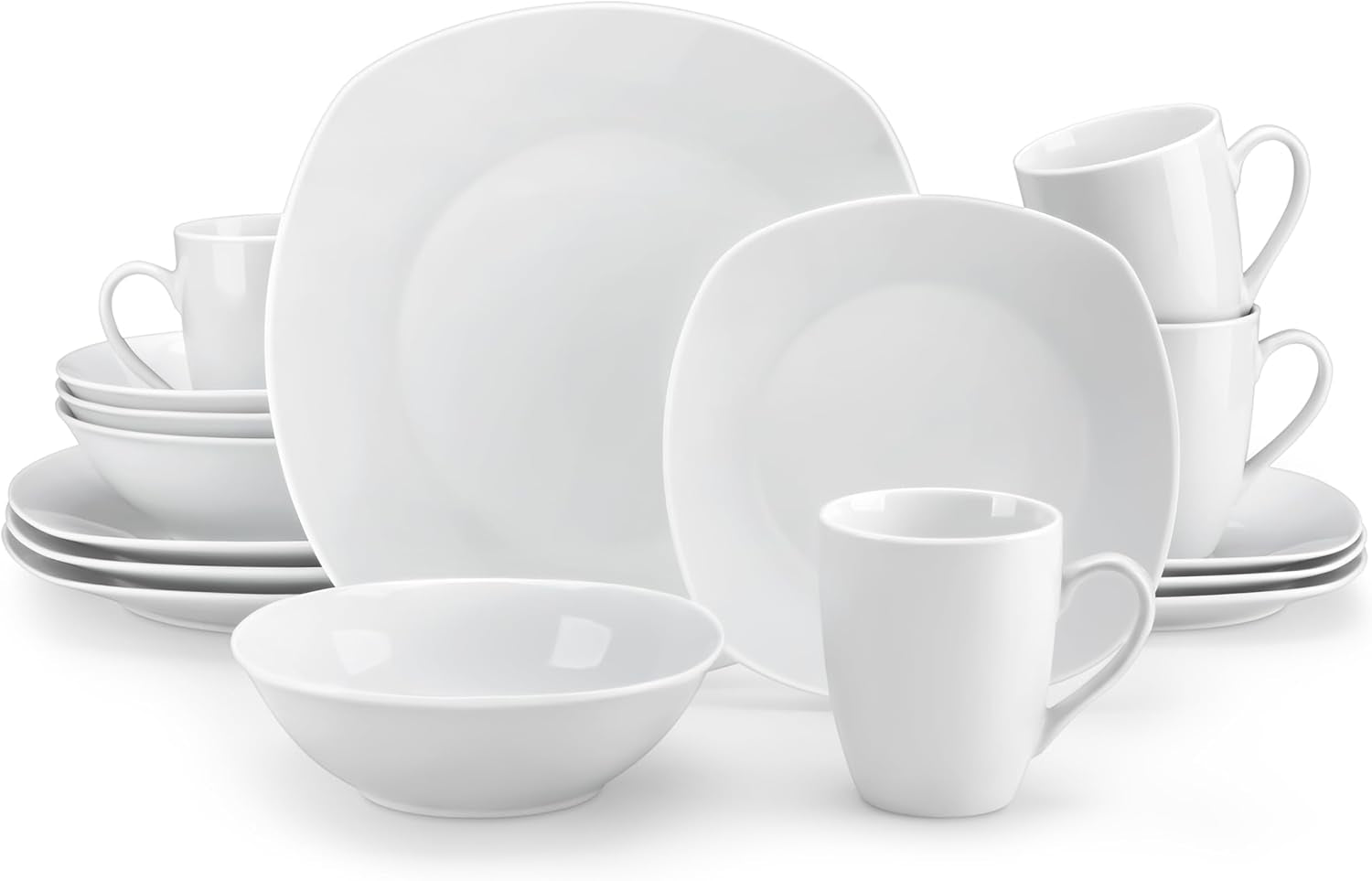 Zestaw naczyń obiadowych MALACASA na 4 osoby, 16-częściowa zastawa stołowa z białej porcelany, nowoczesny zestaw naczyń obiadowych z 4 talerzami obiadowymi, talerze deserowe, talerze i filiżanki Suma, seria ELISA
