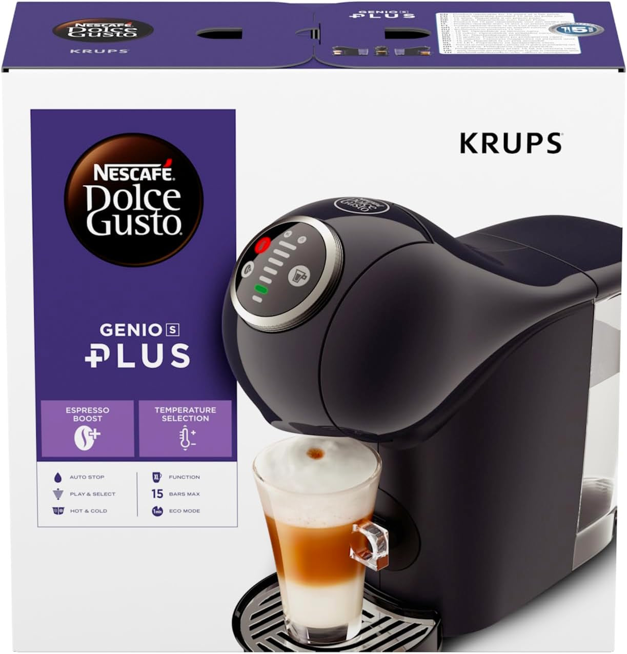 NESCAFÉ Dolce Gusto Genio S Plus firmy Krups, kompaktowy ekspres do kawy na kapsułki, pojemność 0,8 litra, 1500 W, automatyczne ostrzeganie o odkamienianiu, gwiezdna szarość, KP340B