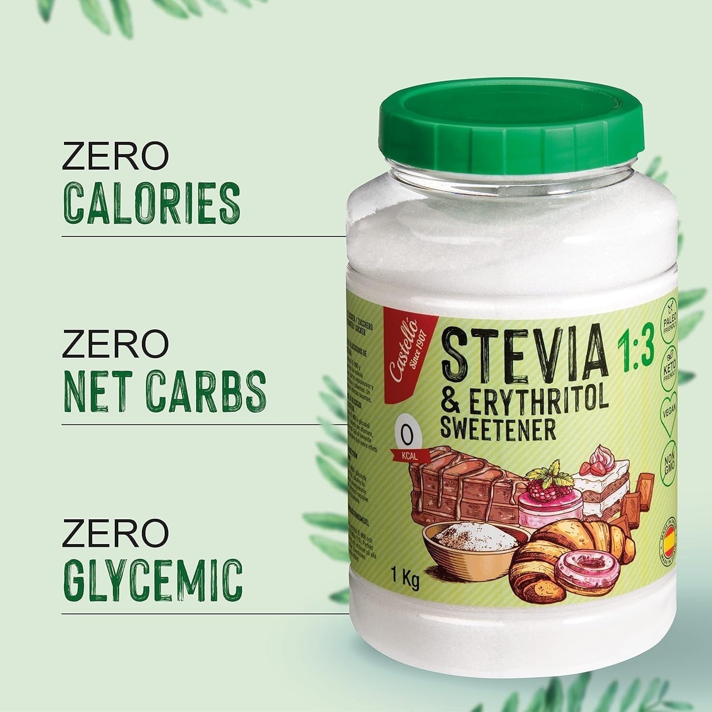 Stewia + Erytrytol 1:3 Süßstoff | 1G = 3G Zucker | 100% Natürlicher Zuckerersatz - 0 Kalorien - 0 Glykämischer Index - Keto Und Paleo - 0 Netto-Kohlenhydrat - Kein GVO - Castello od 1907-1 Kg Słodziki Naty Shop