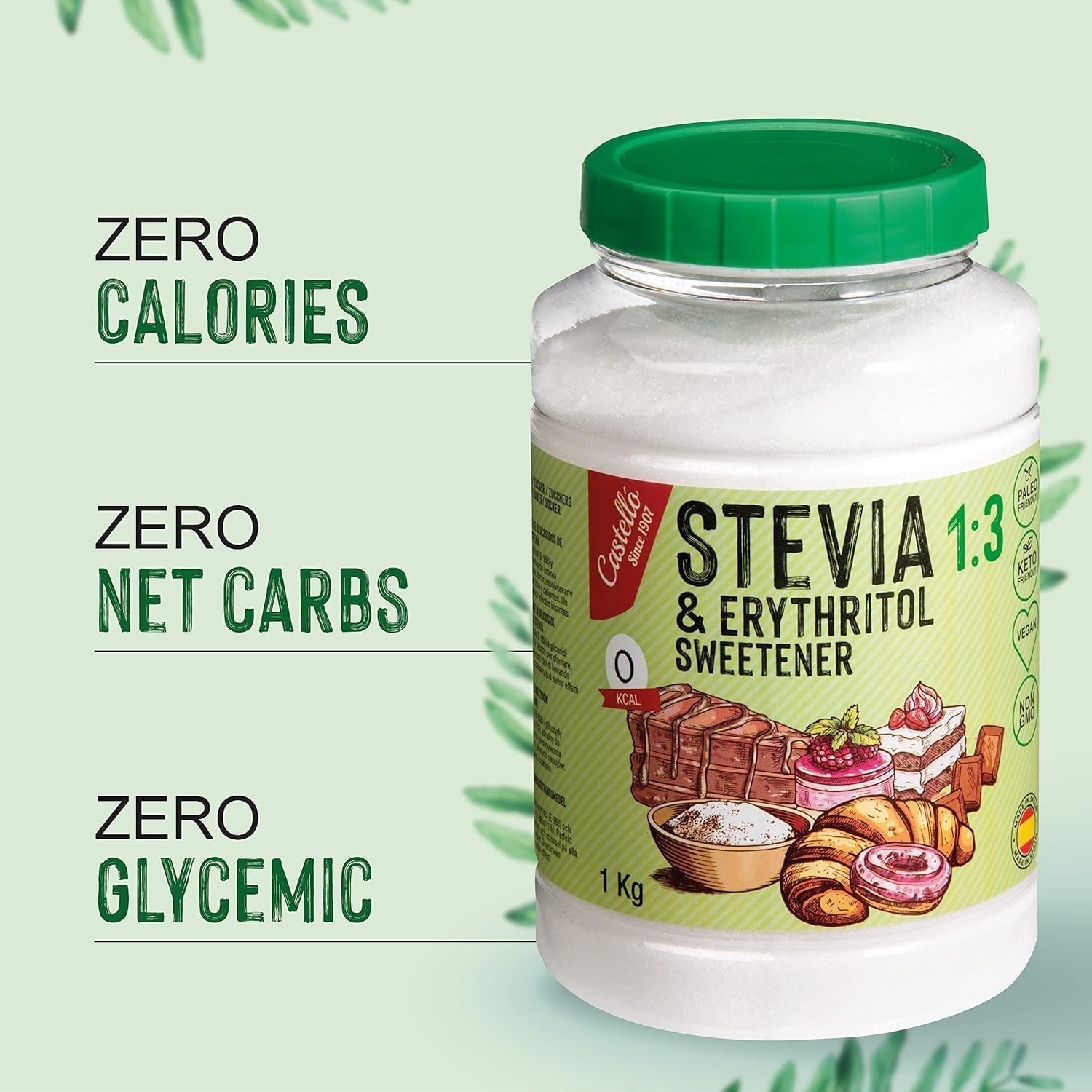 Stewia + Erytrytol 1:3 Süßstoff | 1G = 3G Zucker | 100% Natürlicher Zuckerersatz - 0 Kalorien - 0 Glykämischer Index - Keto Und Paleo - 0 Netto-Kohlenhydrat - Kein GVO - Castello od 1907-1 Kg Słodziki Naty Shop