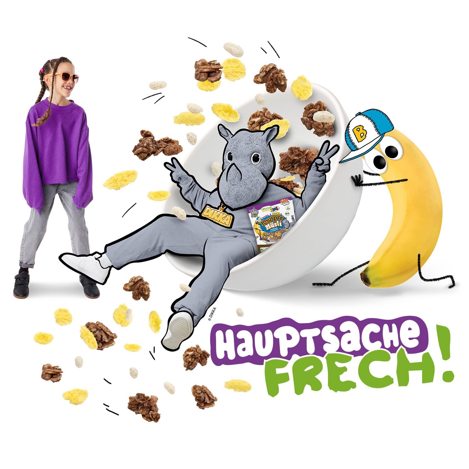 FRECHE FREUNDE KIDS, Bobs & DIKKAs Chrupiące musli kakaowe z bananami, Muesli z chrupiącą czekoladą dla dzieci, o niskiej zawartości cukru, bez dodatków, 100% wegańskie, 6 sztuk (6 x 280g)