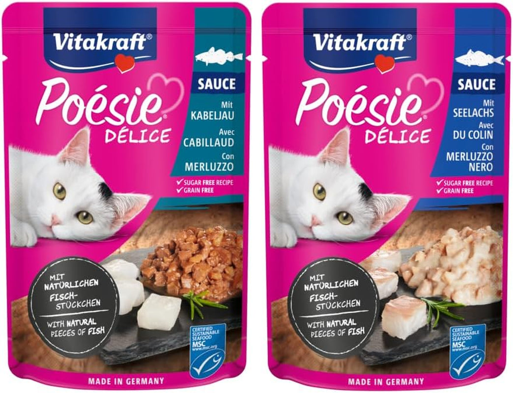 Vitakraft Poésie Délice, Fish Selection, Nassfutter Katze, Katzennassfutter w sosie, mit Seelachs, mit Kabeljau, ohne Zusatz von Zucker und Getreide (1 pakiet z 6x 85g)