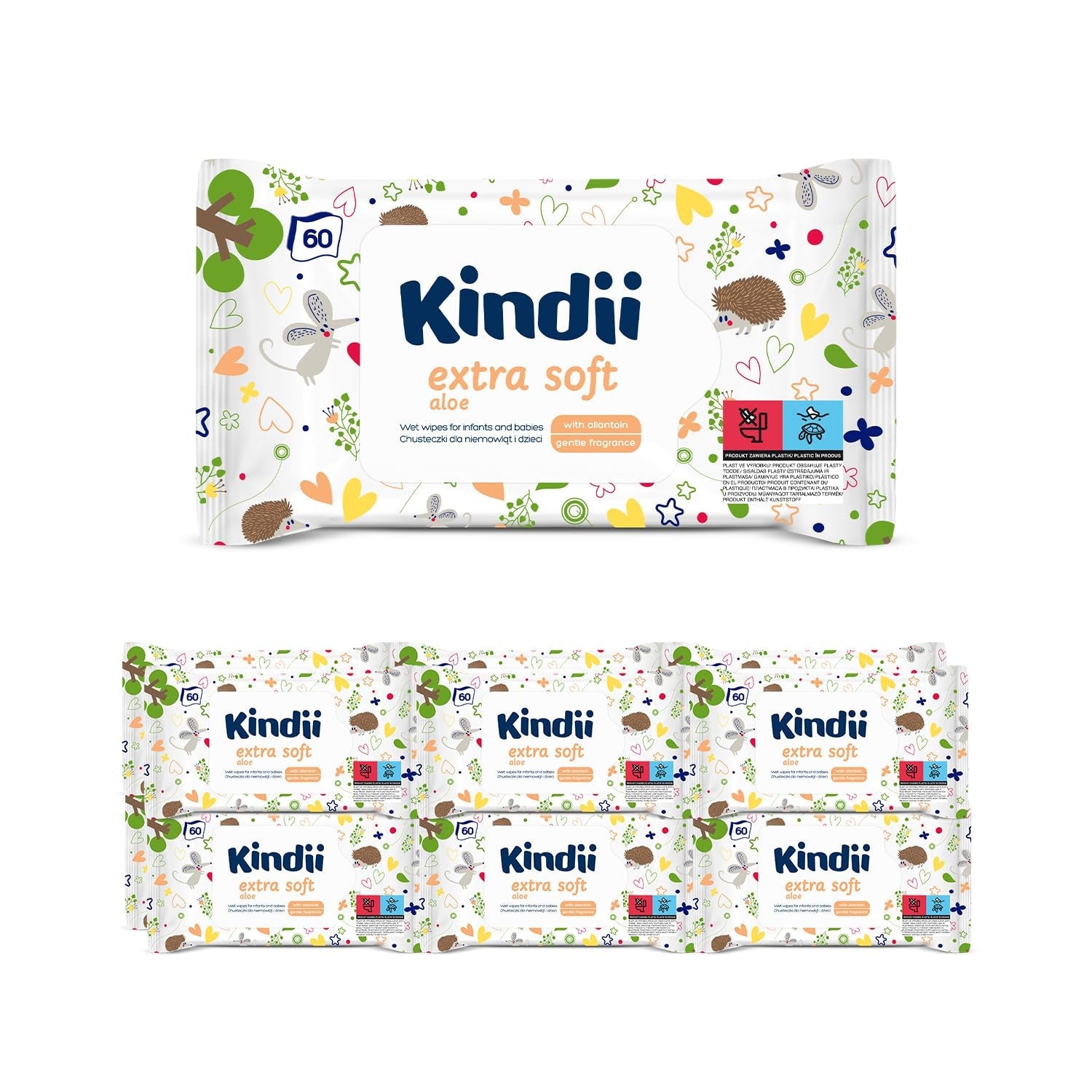 Kindii Natural Balance chusteczki nawilżane dla niemowląt – (1 x 60 szt.) Chusteczki nawilżane dla niemowląt i dzieci – Ochronne, Aloe Vera, Delikatny zapach – 60 szt.