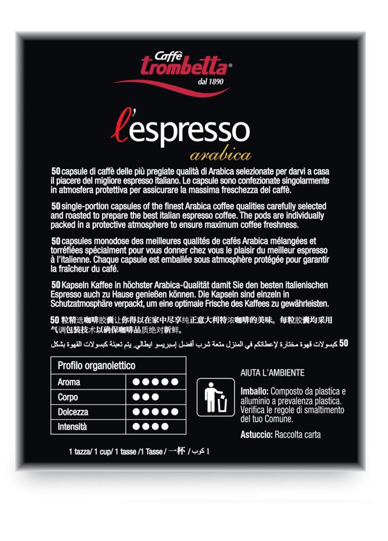 Caffè TROMBETTA L 'Espresso, Włochy Kaffee Nespresso kompatybilne Kapseln. Aus 100% Arabica mit einem vollmundigen und körperreichen - 50 Kapseln, 50 Stück (1 opakowanie)
