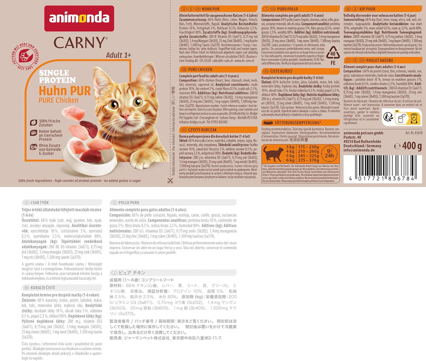 animonda Carny Adult Single Protein Pure Chicken (6 x 400g), mokra karma dla dorosłych kotów z jednym źródłem białka, mokra karma dla dorosłych kotów, bez zbóż i bez cukru