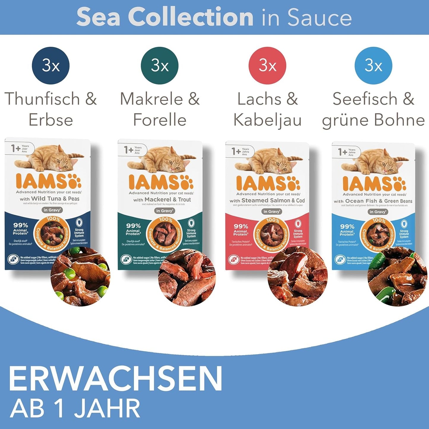 IAMS Delights Sea Collection Katzenfutter Nass - Opakowanie zbiorcze z Fisch Sorten (Lachs, Thunfisch, Makrela, Seefisch) w sosie, Nassfutter für Katzen od 1 Jahr, 12 x 85g