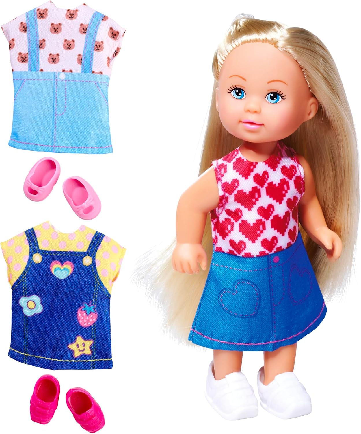 Lalka Simba Evi Love w uroczej dżinsowej sukience, w tym dwa inne stroje z uroczymi nadrukami i tenisówki, 12 cm, wiek 3+