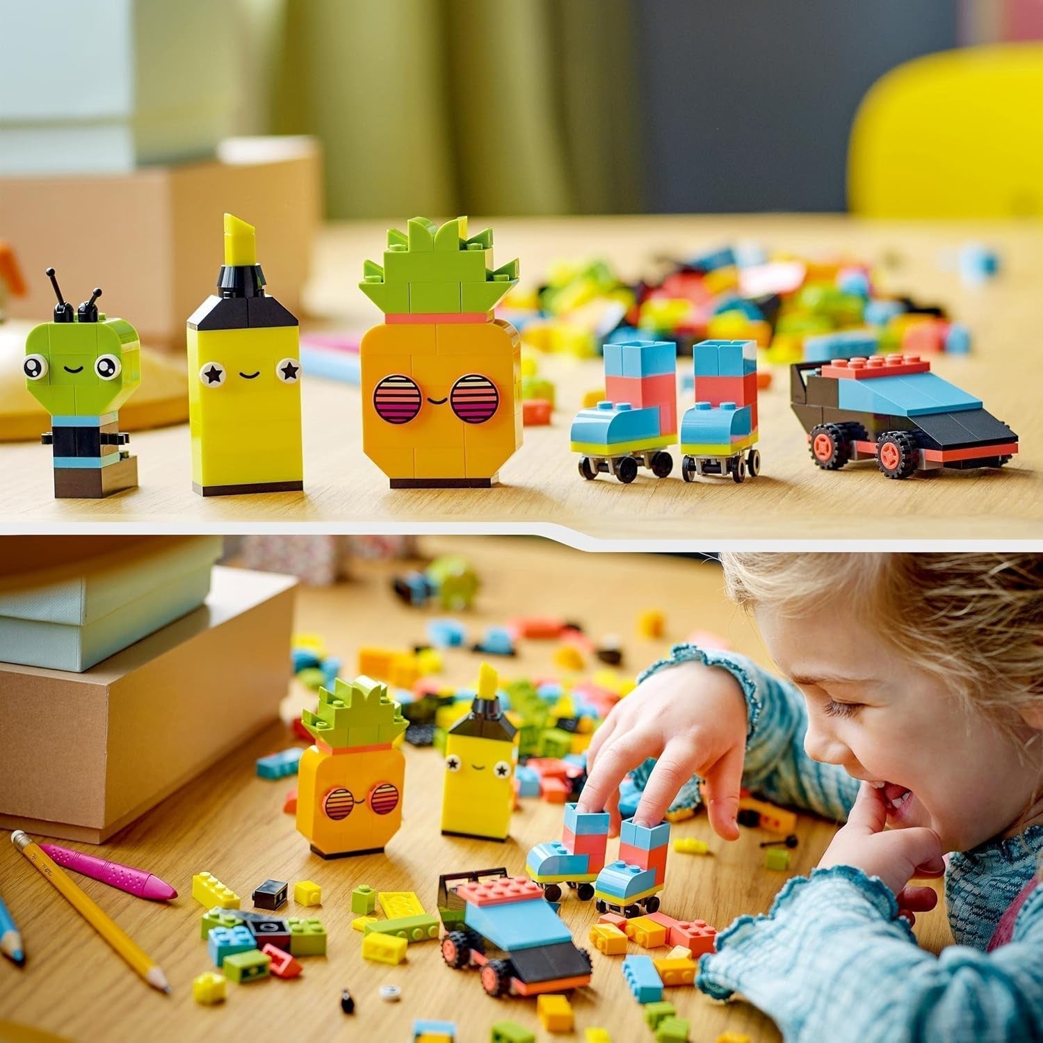 LEGO 11027 Klasyczny zestaw do kreatywnego budowania z neonem, zestaw klocków, zabawka do budowania z modelami: samochodu, ananasa, kosmity, wrotek, figurkami i nie tylko, dla dzieci od 5 lat i więcej Zestawy do budowania Besuche den LEGO-Store