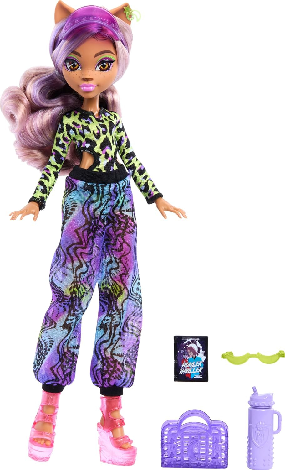 Lalka Monster High Scare Adise Island Clawdeen Wolf ze strojem kąpielowym, spodniami do biegania i akcesoriami plażowymi, takimi jak daszek, butelka wody i książka
