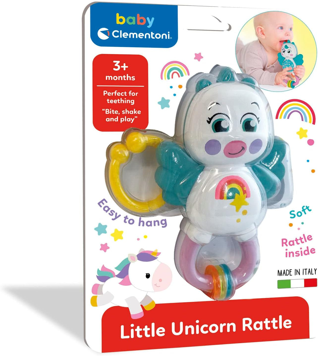 Clementoni 17778 - Grzechotka Little Unicorn - Sonaglio Neonato Con Massaggiagengive, Giocattolo Bambini 3 Mesi, Rafforza Le Capacità Motorie E Sensoriali - Made in Italy Jucarii Bebe Naty Shop