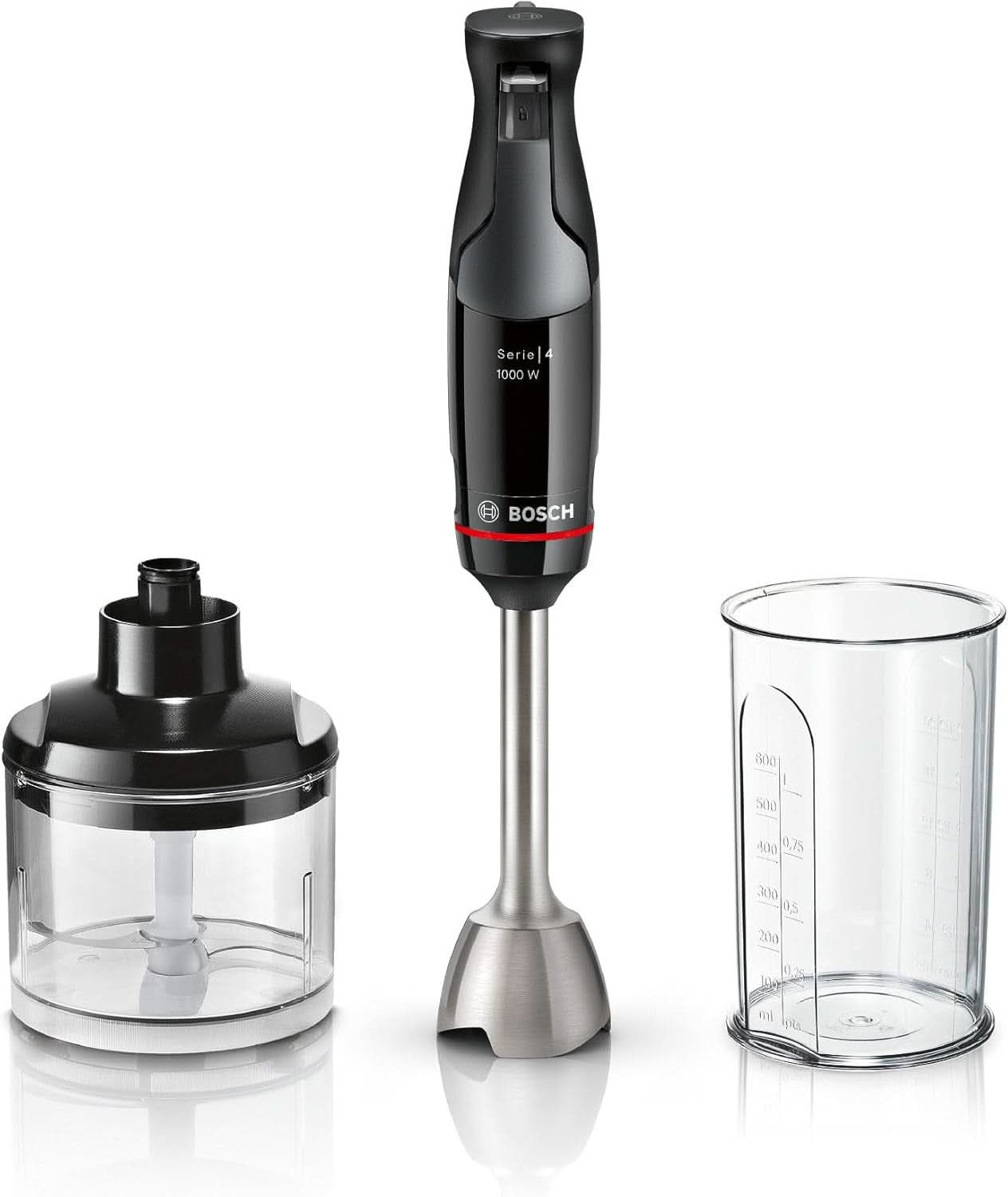 Bosch Stabmixer Ergomaster Seria 4, 1000 W, Edelstahl-Mixstab, Zerkleinerer, Mix-/Messbecher, Schwarz Kitchen Naty Shop 2-In-1, Ergomaster Seria 4