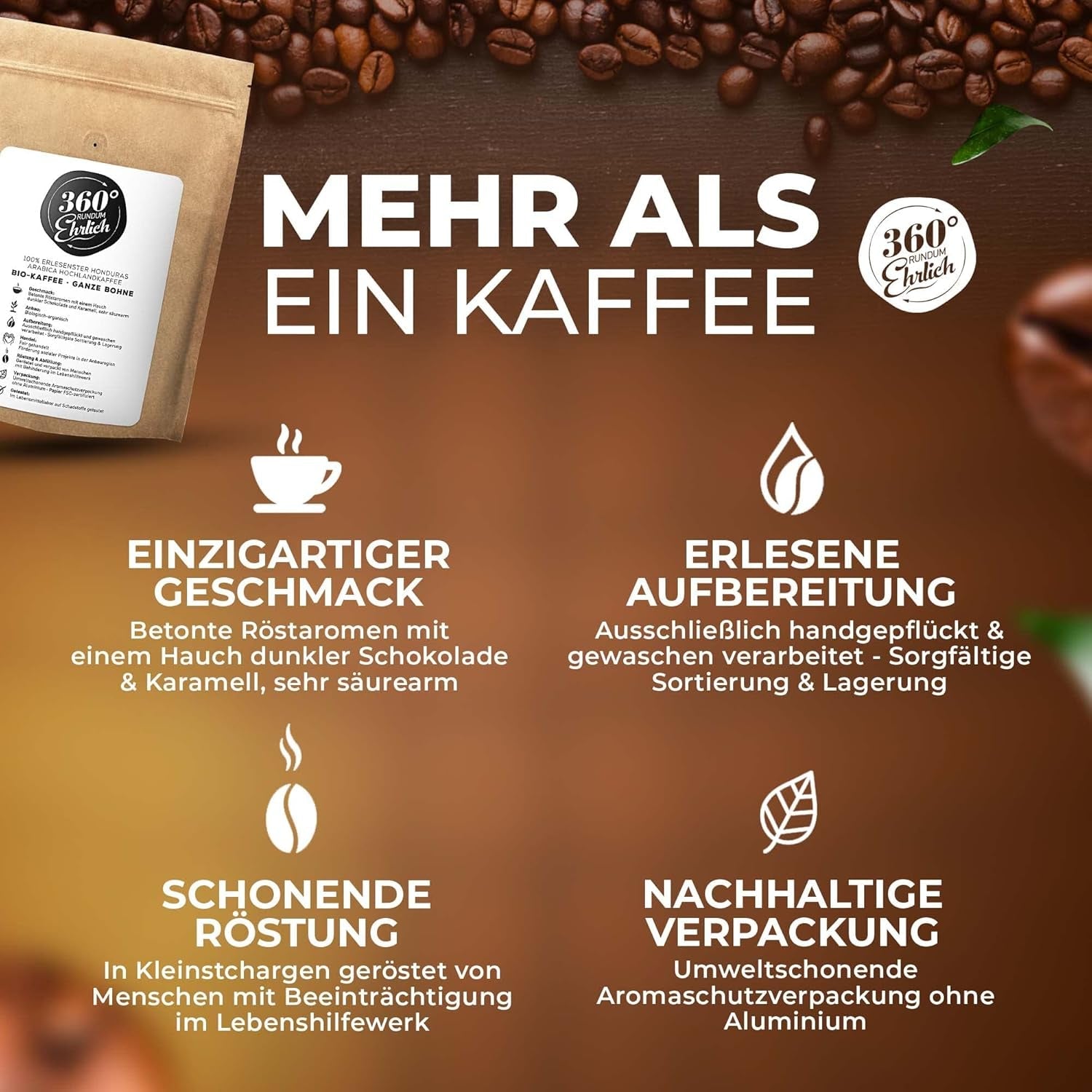 Premium Bio Kaffeebohnen 1000g, 100% Honduras Hochland Arabica Kaffeebohnen Bio - Köstlich, łagodna, säurearm - Bio Kaffee ganze Bohnen - Ideal als Kaffeebohnen Vollaautomat - 360° Rundum Ehrlich