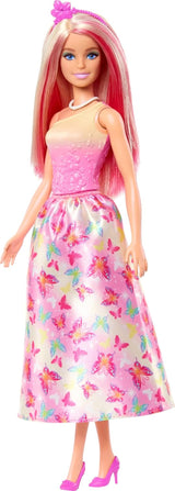 Królewska lalka Barbie z blond i różowymi fantazyjnymi włosami, kolorowymi dodatkami, różowym gradientowym topem i spódniczką w kształcie motyla, lalki HRR08 Naty Shop