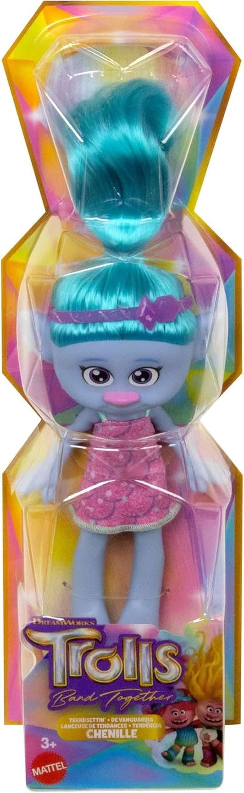 Mattel DREAMWORKS TROLLS United We Stand – lalka Chenille Hairy Surprises z błyszczącymi niebieskimi włosami, fioletową opaską na głowę, wiek od 3 lat, HNF15