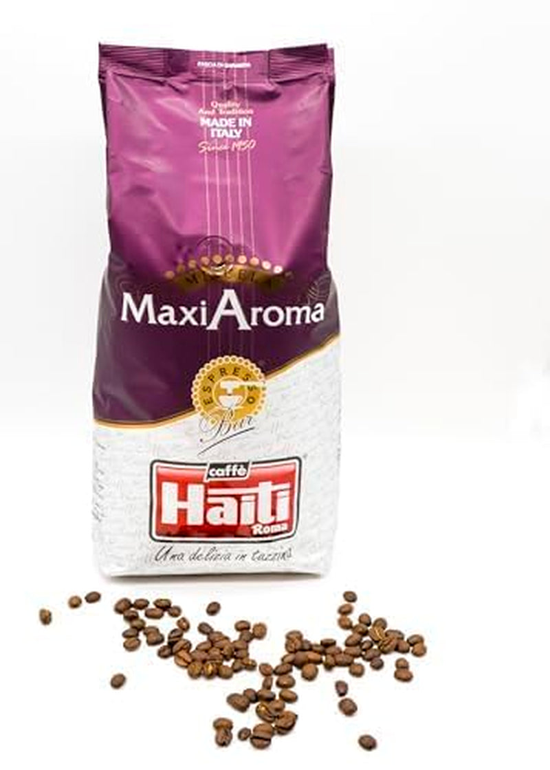 Kawa Caffè Haiti Roma Maxi Aroma w opakowaniu 1kg. Zrównoważona mieszanka, pieczeń rzemieślnicza, wyprodukowana we Włoszech.
