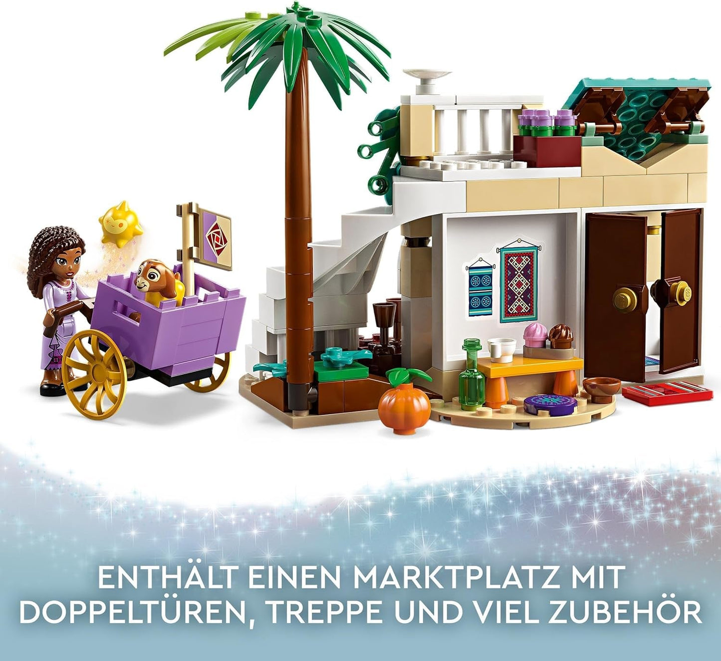 LEGO 43223 Disney Życzenie Ashy w Rosas City, zestaw filmów życzeń z targiem, mini lalka Asha, Valentino jako zabawka-koza i figurki gwiazd, prezent dla dzieci w wieku 6 lat, zestawy do budowania dla dziewcząt i chłopców w sklepie LEGO