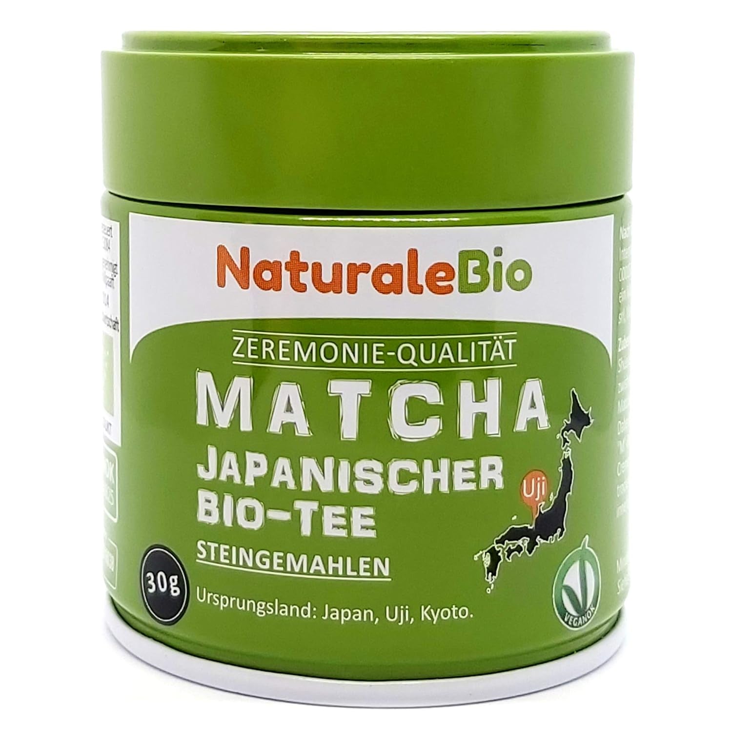 Naturalebio Ceremonial Grade Matcha Tea Powder Oryginalna zielona herbata z Japonii. Ceremonialna zielona herbata w proszku Matcha wyprodukowana w Uji w Kioto. Idealny do picia, gotowania i latte. Pudełko 30 g.