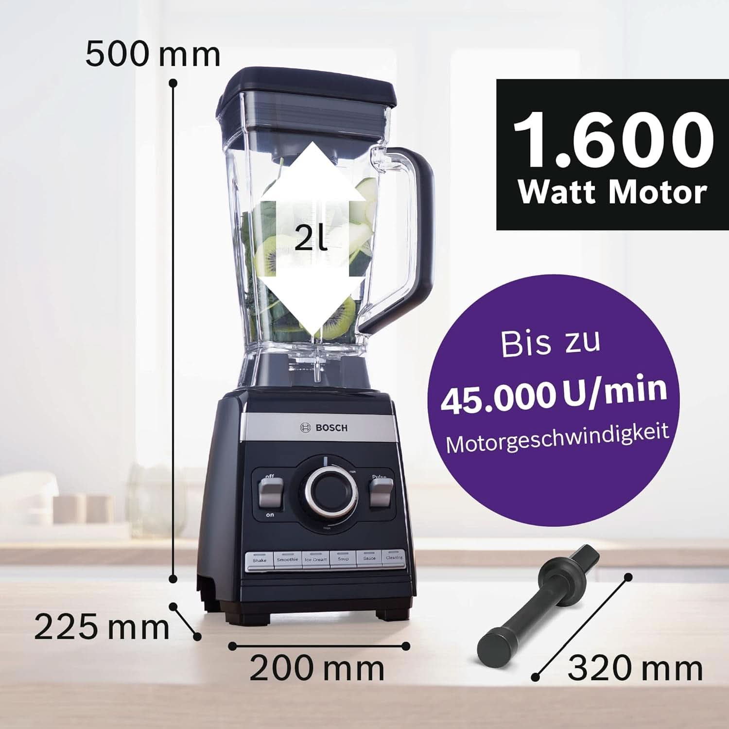 Bosch Mikser stojący Vitaboost MMBH6P6BDE, 6-Klingen-Edelstahlmesser, 2,5 l Tritan-Mixbehälter, Stopfer, 6 programów automatycznych, Rezeptbuch, Bpa-Frei, Einfache Reinigung, 45 000 U/Min, 1600 W, Schwarz Bucatarie Naty Shop